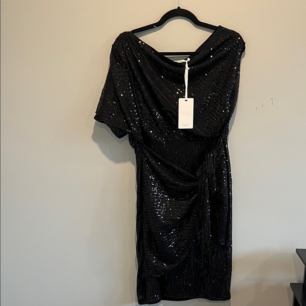 Grace Karin Sequined Asymmetric Off Shoulder Bodycon Party Midi Dress